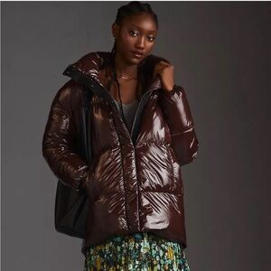 Anthropologie x Badgley Mischka Glossy Dark Brown Maroon Puffer Jacket